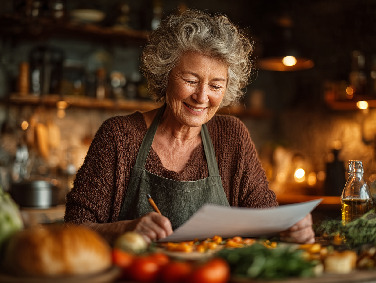 Щаслива бабуся готує здорову їжу на кухні